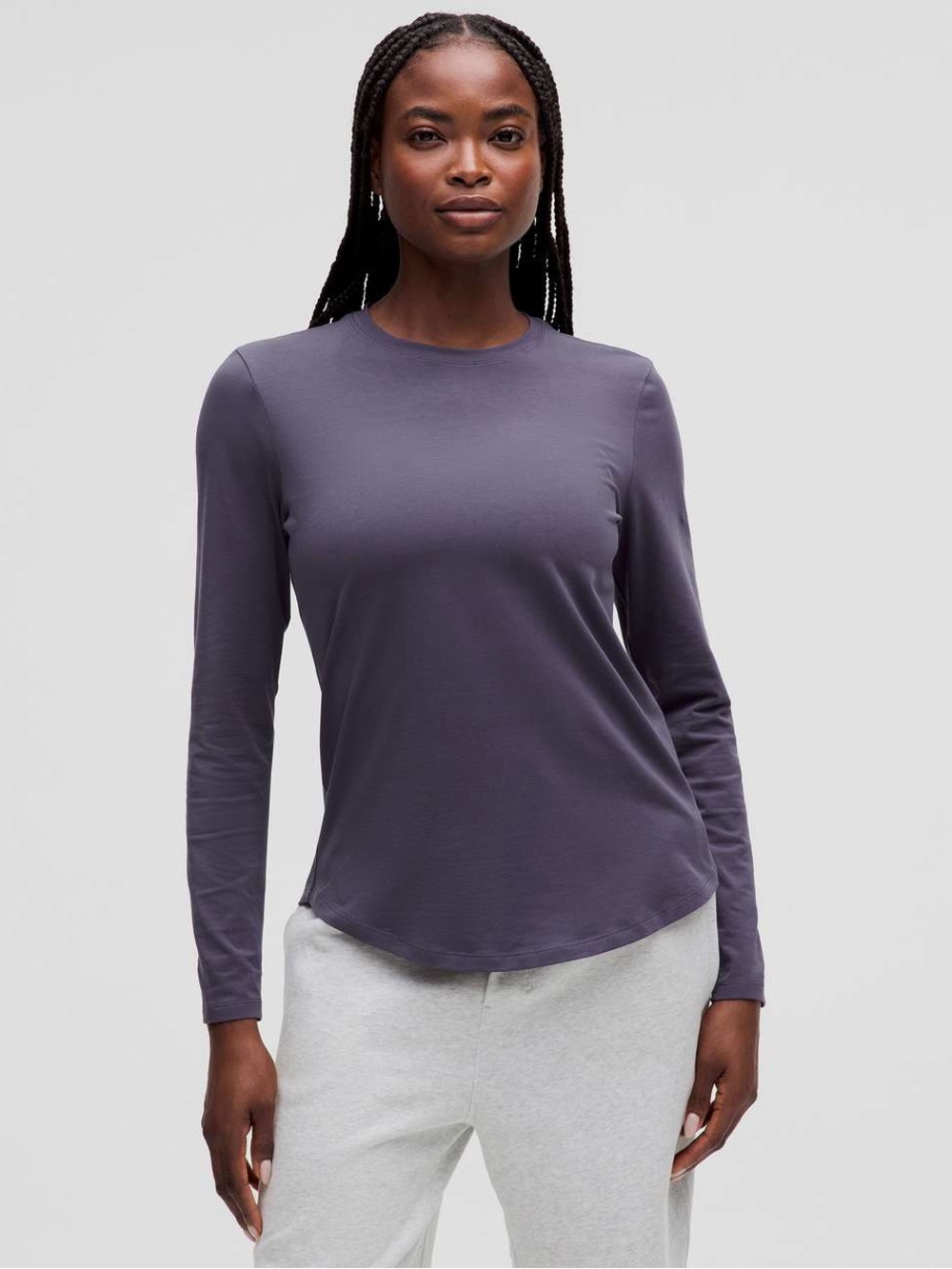 Lululemon Love Purple Long Sleeve Crewneck Yoga Round Hem Top In Color Nightfall